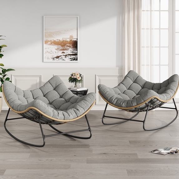 Poteban Outdoor Rocking Chair, 2 PCS Indoor Papasan Chairs, Oversized Egg Rocking Chair with Thick Cushion, Rattan Wicker Rocker Lounge Chair for Bedroom, Living Room, Patio, Garden, Porch