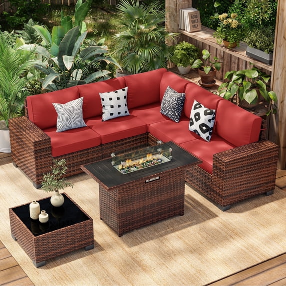 Poteban Outdoor Sectional with Fire Pit Table, 8 Inch Armrest Patio Furniture Set with Waterproof Cover for Garden Backyard, 4'' Thickened Cushion