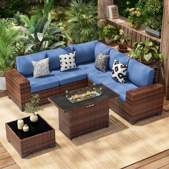 Poteban Outdoor Sectional with Fire Pit Table, 8 Inch Armrest Patio Furniture Set for Garden Backyard, 4'' Thickened Cushion,Brown&Blue
