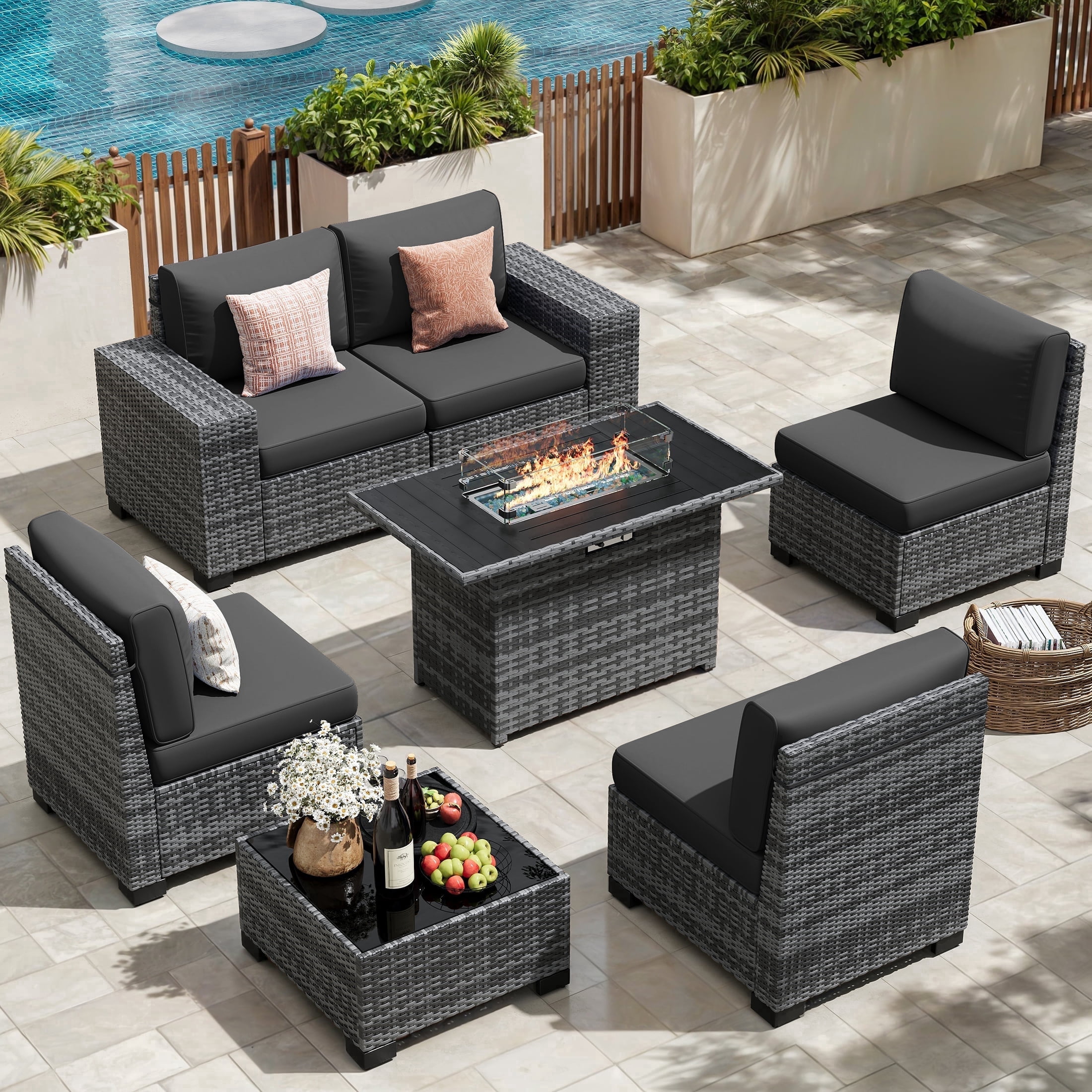 Poteban Outdoor Sectional with Fire Pit Table, 8 Inch Armrest Patio Furniture Set with Waterproof Cover for Garden Backyard, 4'' Thickened Cushion