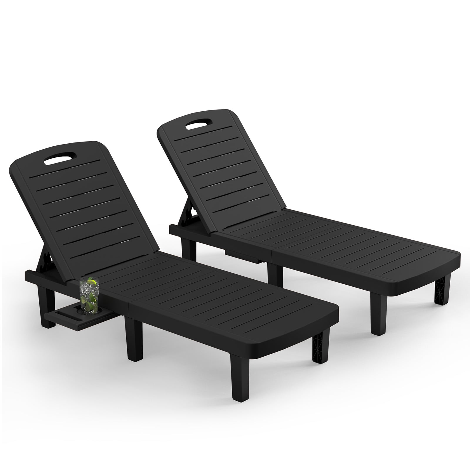 Black Resin Adjustable Outdoor Chaise Lounge Set with Cup Holders