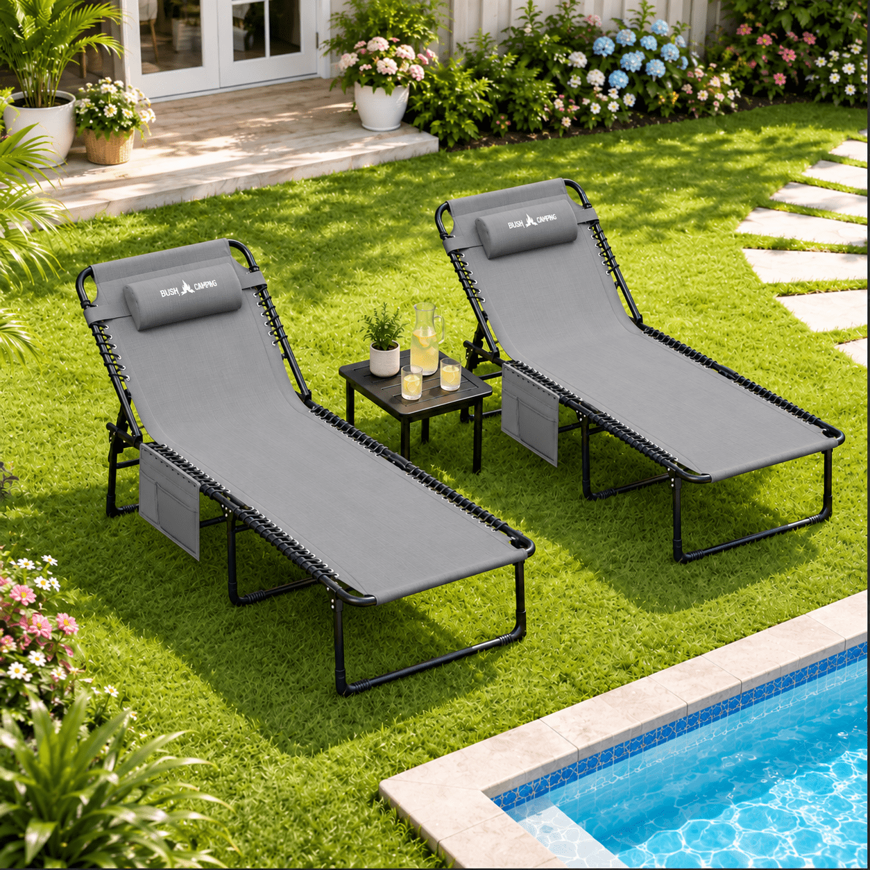 POTEBAN Outdoor Folding Lounge Chairs Set of 2, Heavy Duty Recliners, 350 lbs Capacity, Light Gray