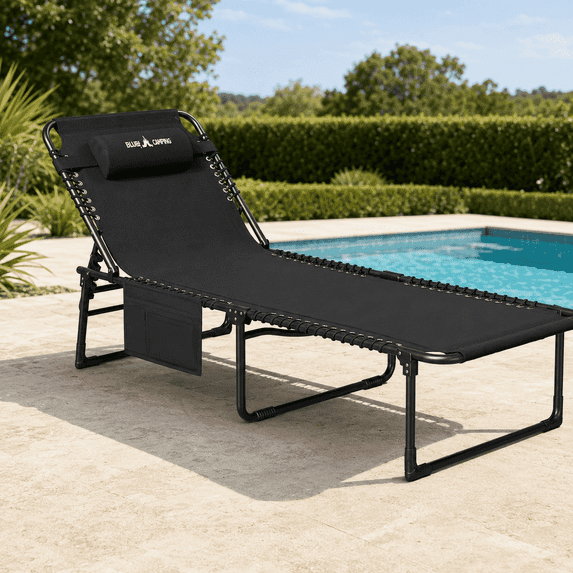 POTEBAN Folding Outdoor Lounge Chair, Heavy Duty Reclining Chaise for Poolside, Patio and Tanning, 350 lb Capacity, Black, 1-Pack