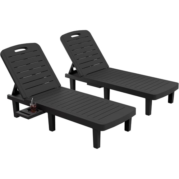 Poteban 2-Piece 5-Position Outdoor Lounge Chairs, All-Weather Resin Chaise Lounge Set with Cup Holder for Pool, Patio, Black