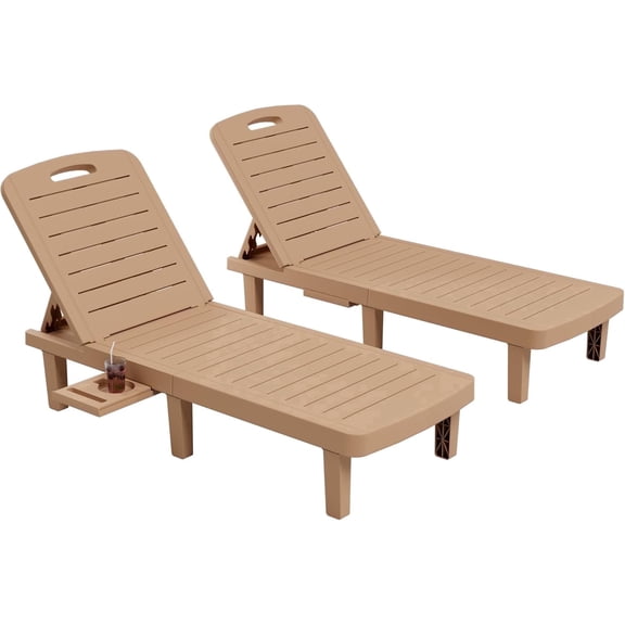 Poteban 2-Piece 5-Position Outdoor Lounge Chairs, All-Weather Resin Chaise Lounge Set with Cup Holder for Pool, Patio, Wood Tone