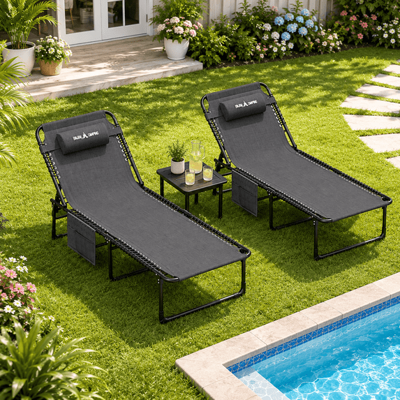 POTEBAN Outdoor Folding Lounge Chairs Set of 2, Heavy Duty Recliners, 350 lbs Capacity, Dark Gray