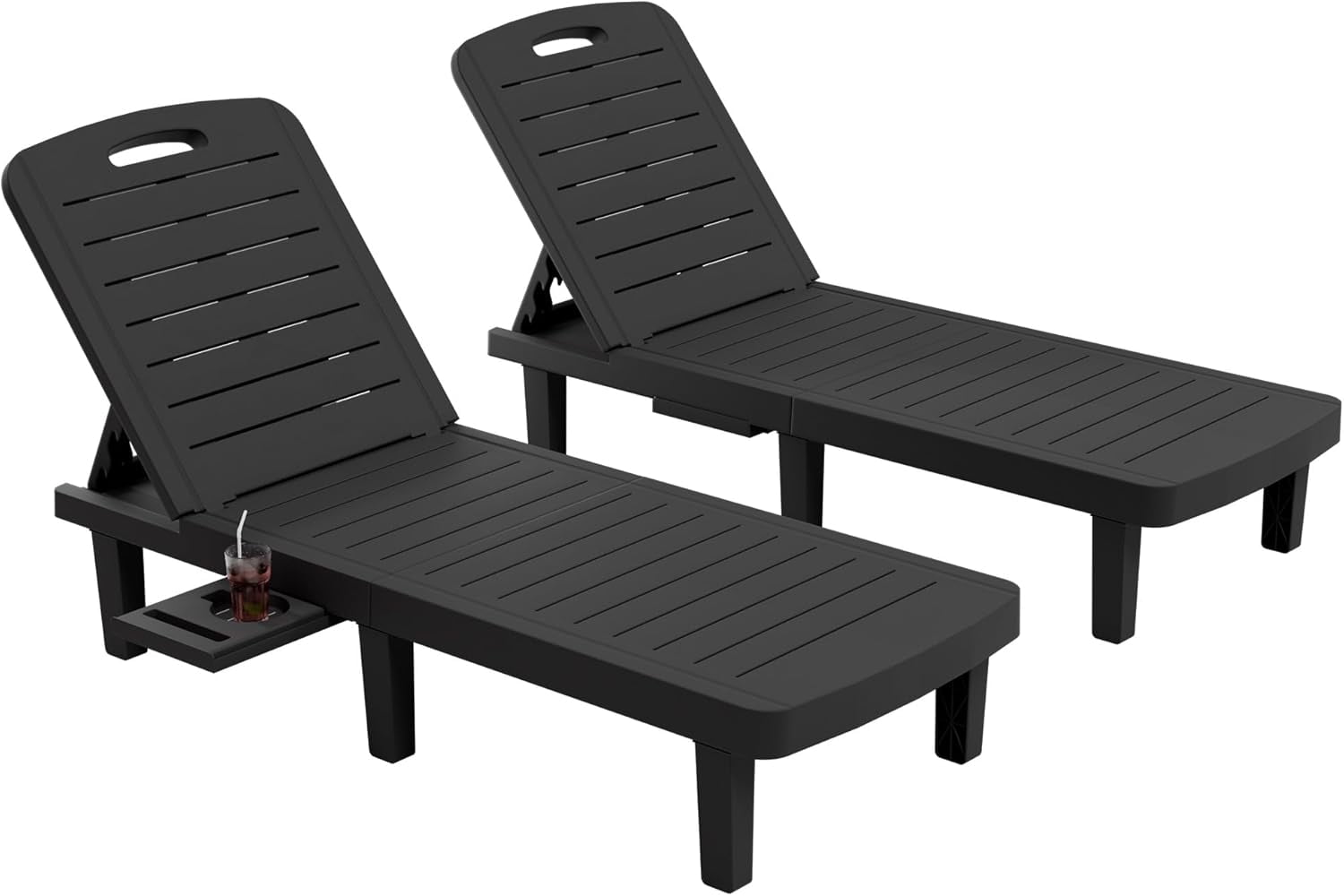 Black Resin Adjustable Outdoor Chaise Lounge Set with Cup Holders