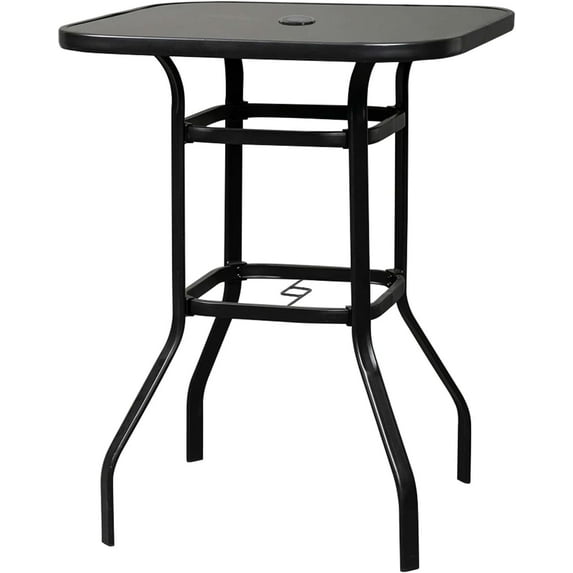Poteban Patio Bar Height Table with Umbrella Hole, 2-Tier High Top Outdoor Bistro Table, Square Tempered Glass Metal Table for Patio, Lawn, Bar