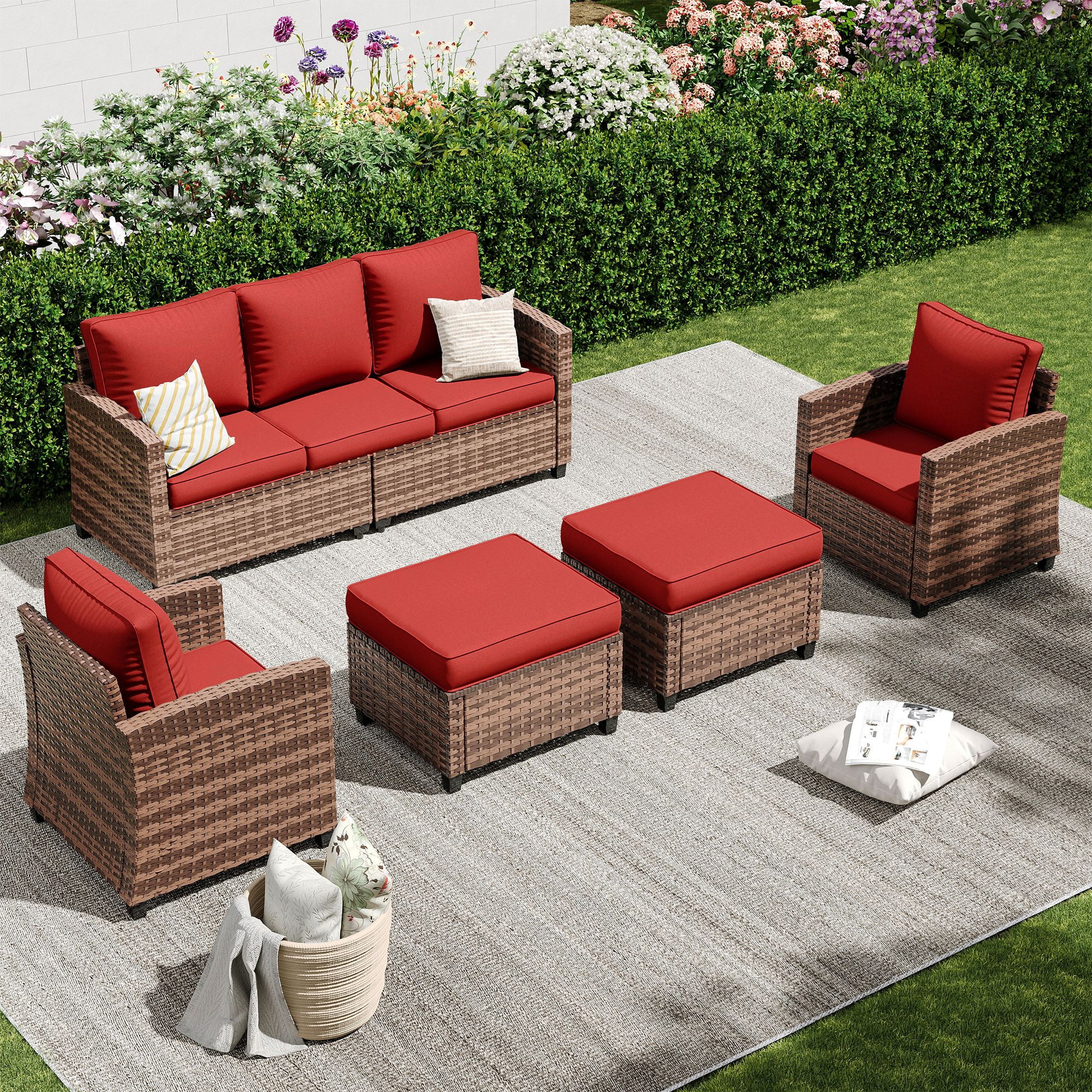 Poteban Patio Conversation Set, 5 Pieces Outdoor Furniture Set, All-Weather Wicker Rattan High Back Outdoor Sectional Sofa Set with Ottoman for Poolside, Backyard, Brown Wicker Wine Red Cushions