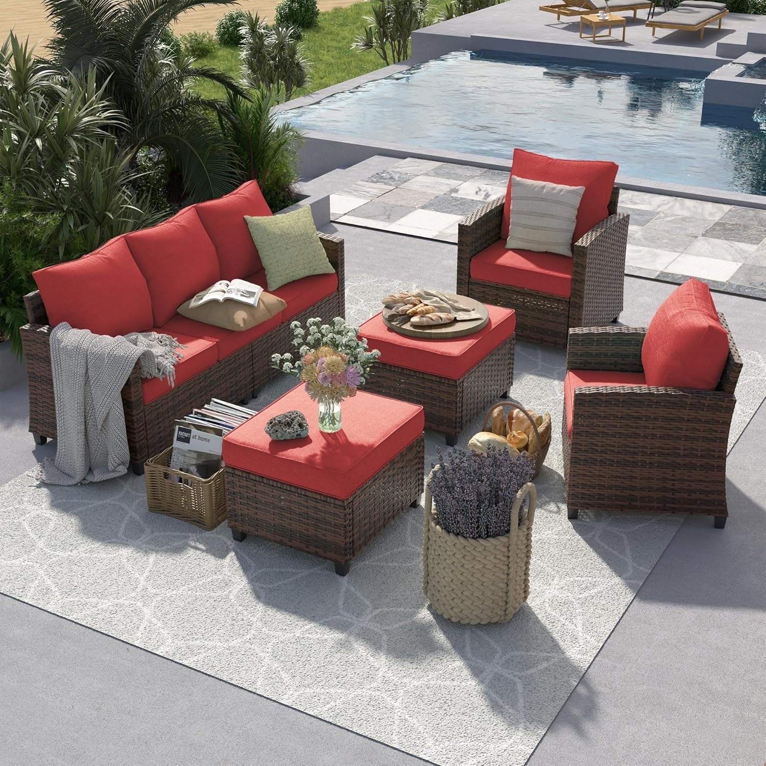 Poteban Patio Conversation Set, 5 Pieces Outdoor Furniture Set, All-Weather Wicker Rattan High Back Outdoor Sectional Sofa Set with Ottoman for Poolside, Backyard, Brown Wicker Wine Red Cushions