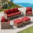 thumbnail image 1 of Poteban Patio Conversation Set, 5 Pieces Outdoor Furniture Set, All-Weather Wicker Rattan High Back Outdoor Sectional Sofa Set with Ottoman for Poolside, Backyard, Brown Wicker Wine Red Cushions, 1 of 9