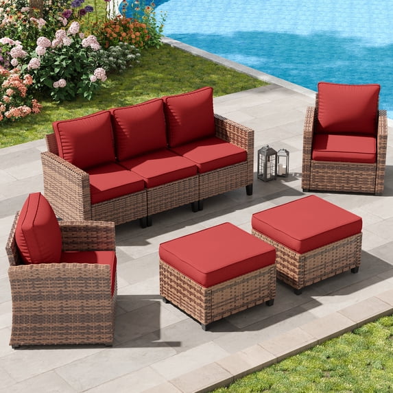 Poteban Patio Conversation Set, 5 Pieces Outdoor Furniture Set, All-Weather Wicker Rattan High Back Outdoor Sectional Sofa Set with Ottoman for Poolside, Backyard, Brown Wicker Wine Red Cushions