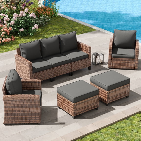Poteban Patio Conversation Set, 5 Pieces Outdoor Furniture Set, All-Weather Wicker Rattan High Back Outdoor Sectional Sofa Set with Ottoman for Poolside, Backyard, Brown Wicker Dark Grey Cushions