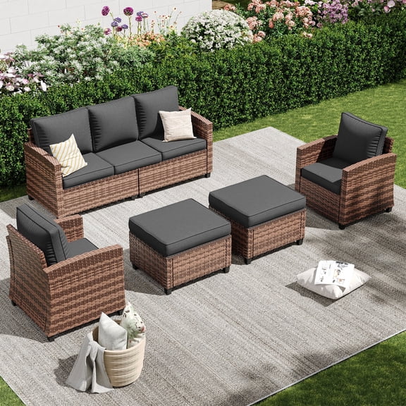 Poteban Patio Conversation Set, 5 Pieces Outdoor Furniture Set, All-Weather Wicker Rattan High Back Outdoor Sectional Sofa Set with Ottoman for Poolside, Backyard, Brown Wicker Dark Grey Cushions