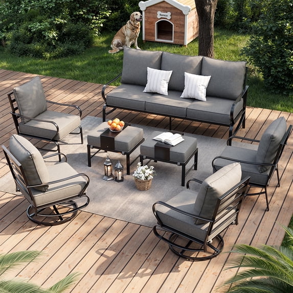 Poteban Patio Furniture Metal Outdoor Set 7 Pcs, Outdoor Patio Furniture Set, Modern Furniture Sets with Swivel Chairs for Lawn Deck Poolside,Grey