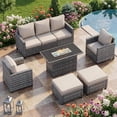 thumbnail image 1 of Poteban Patio Furniture Set with 44" Fire Pit Table, 6 Pieces Outdoor Sectional Conversation Sets, All-Weather Wicker Rattan Sofa Ottoman with 4" Thick Cushion for Garden Backyard Deck, Khaki, 1 of 8