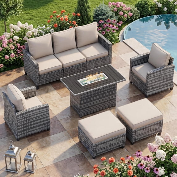 Poteban Patio Furniture Set with 44" Fire Pit Table, 6 Pieces Outdoor Sectional Conversation Sets, All-Weather Wicker Rattan Sofa Ottoman with 4" Thick Cushion for Garden Backyard Deck, Khaki