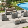 thumbnail image 1 of Poteban Patio Furniture Set with 44" Fire Pit Table, 6 Pieces Outdoor Sectional Conversation Sets, All-Weather Wicker Rattan Sofa Ottoman with 4" Thick Cushion for Garden Backyard Deck, Khaki, 1 of 9