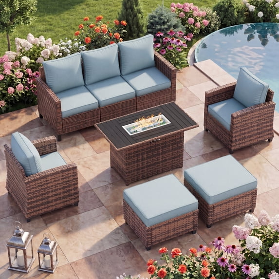 Poteban Patio Furniture Set with 44" Fire Pit Table, 6 Pieces Outdoor Sectional Conversation Sets, All-Weather Wicker Rattan Sofa Ottoman with 4" Thick Cushion for Garden Backyard Deck, Light Blue