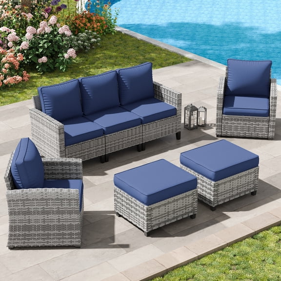 Poteban Patio Furniture Set, 5 Pieces Outdoor Sectional Sofa Set, All-Weather Wicker Rattan High Back Outdoor Conversation Set with Ottoman for Poolside, Backyard, Grey Wicker Navy Blue Cushion