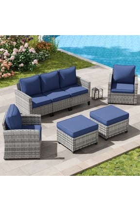 Patio Furniture Set, 5 Pieces Outdoor Sectional Sofa Set, All-Weather Wicker Rattan High Back Outdoor Conversation Set with Ottoman for Poolside, Backyard, Grey Wicker Navy Blue Cushion