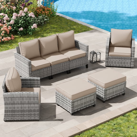 Poteban Patio Furniture Set, 5 Pieces Outdoor Sectional Sofa Set, All-Weather Wicker Rattan High Back Outdoor Conversation Set with Ottoman for Poolside, Backyard, Grey Wicker Khaki Cushion