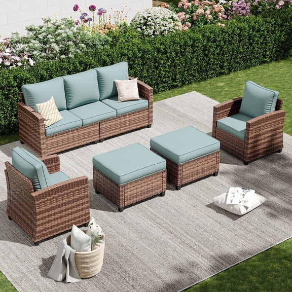 Poteban Patio Furniture Set, 5 Pieces Outdoor Sectional Sofa Set, All-Weather Wicker Rattan High Back Patio Conversation Set with Ottoman for Poolside, Backyard, 4" Thick Cushions, Light Blue
