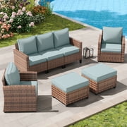 Poteban Patio Furniture Set, 5 Pieces Outdoor Sectional Sofa Set, All-Weather Wicker Rattan High Back Patio Conversation Set with Ottoman for Poolside, Backyard, 4" Thick Cushions, Light Blue