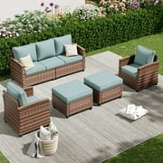 Poteban Patio Furniture Set, 5 Pieces Outdoor Sectional Sofa Set, All-Weather Wicker Rattan High Back Patio Conversation Set with Ottoman for Poolside, Backyard, 4" Thick Cushions, Light Blue
