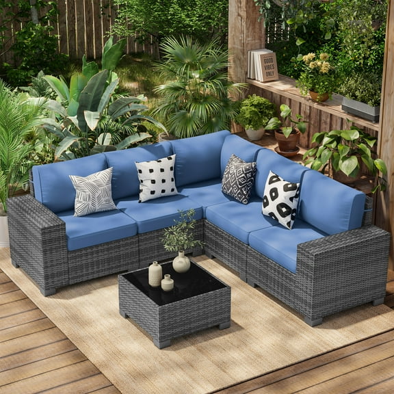 Poteban Patio Furniture Set 6 PCS Outdoor Sectional Conversation Sets Featuring Widen Wicker Armrests and High Back, Black (Waterproof Covers Included)