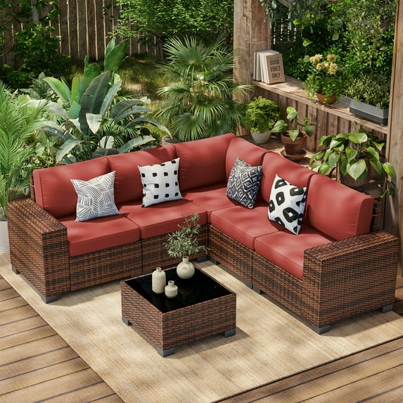 Poteban Patio Furniture Set 6 PCS Outdoor Sectional Conversation Sets Featuring Widen Wicker Armrests and High Back, Black (Waterproof Covers Included)