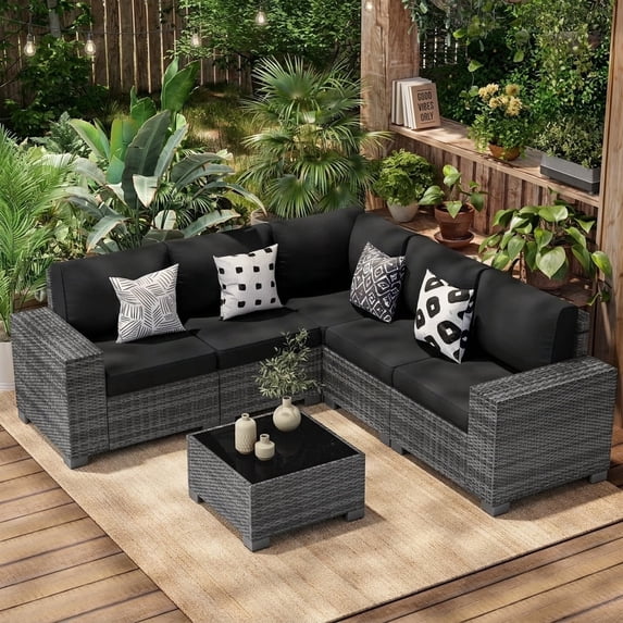 Poteban Patio Furniture Set 6 PCS Outdoor Sectional Conversation Sets Featuring Widen Wicker Armrests and High Back,Grey&Black