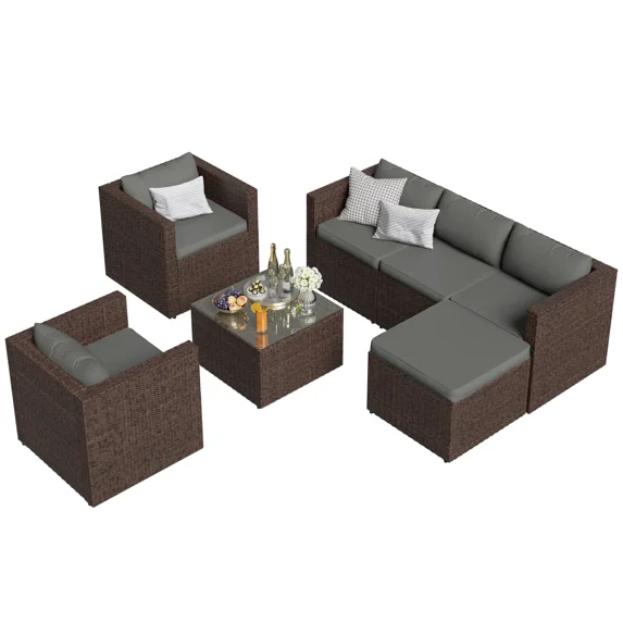 Poteban Patio Furniture Set 6 PCS Outdoor Sectional Conversation Sets Featuring Widen Wicker Armrests and High Back, Black (Waterproof Covers Included)