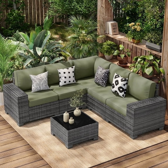 Poteban Patio Furniture Set 6 PCS Outdoor Sectional Conversation Sets Featuring Widen Wicker Armrests and High Back,Grey&Green