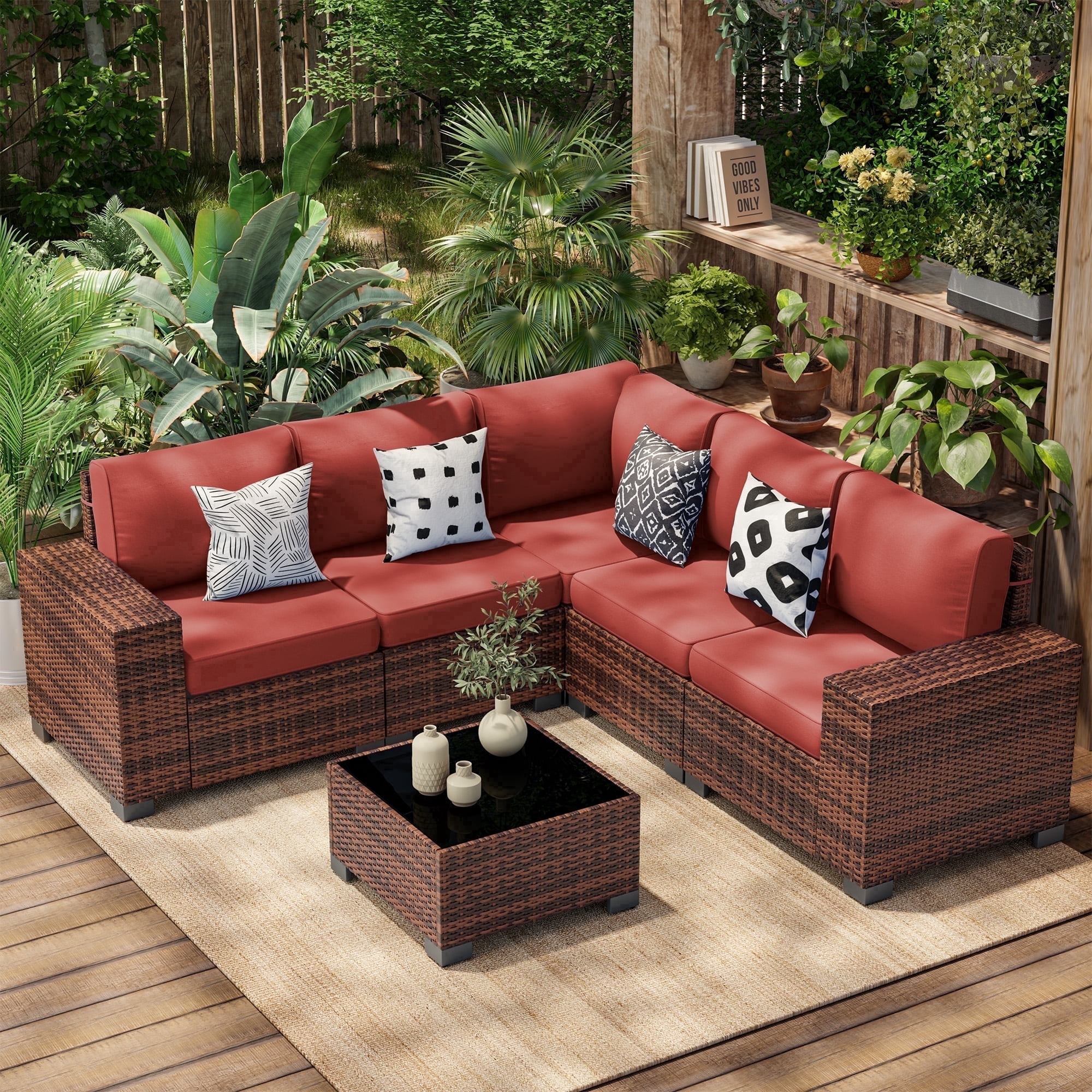 Poteban Patio Furniture Set 6 PCS Outdoor Sectional Conversation Sets Featuring Widen Wicker Armrests and High Back,Brown&Red