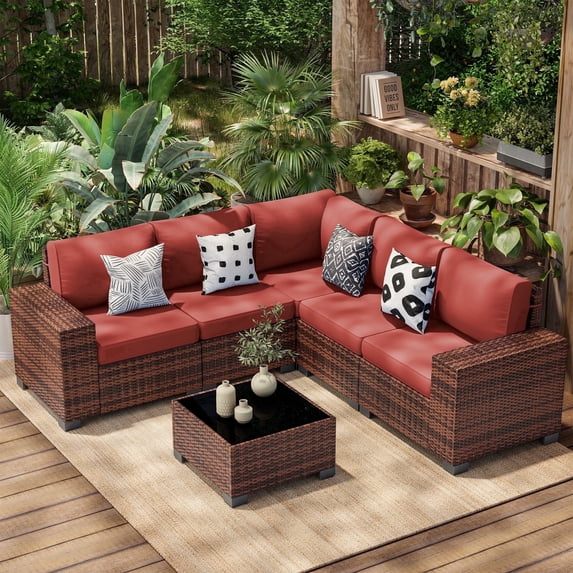 Poteban Patio Furniture Set 6 PCS Outdoor Sectional Conversation Sets Featuring Widen Wicker Armrests and High Back,Brown&Red