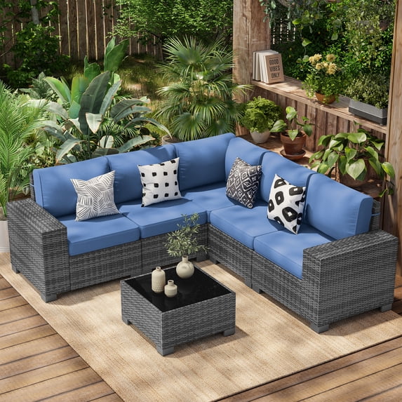 Poteban Patio Furniture Set 6 PCS Outdoor Sectional Conversation Sets Featuring Widen Wicker Armrests and High Back,Grey&Blue