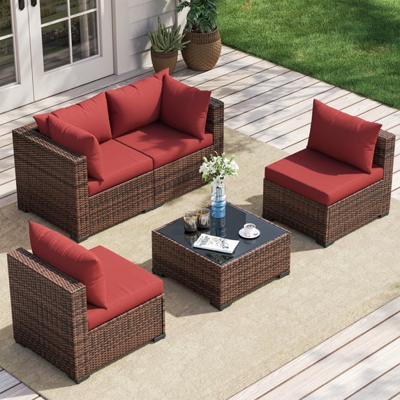 Poteban Patio Furniture Sets, Modular Rattan Outdoor Patio Sectional Furniture Sofa Set, Wicker Patio Conversation Set for Backyard,5PCS