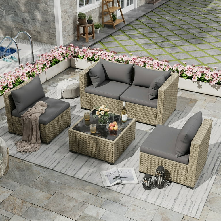 Poteban Patio Furniture Sets Modular Rattan Outdoor Patio Sectional Furniture Sofa Set Wicker Patio Conversation Set for Backyard 5PCS