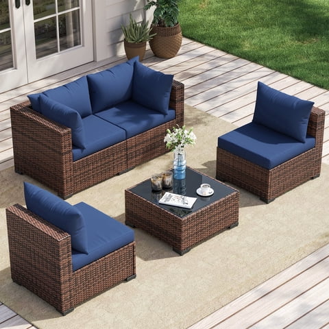 Poteban Patio Furniture Sets, Modular Rattan Outdoor Patio Sectional Furniture Sofa Set, Wicker Patio Conversation Set for Backyard,5PCS