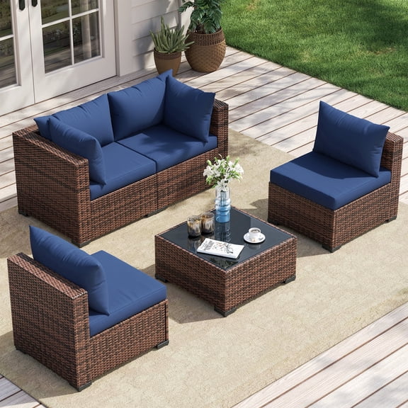 Poteban Patio Furniture Sets, Modular Rattan Outdoor Patio Sectional Furniture Sofa Set, Wicker Patio Conversation Set for Backyard,5PCS