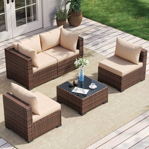 Poteban Patio Furniture Sets, Modular Rattan Outdoor Patio Sectional Furniture Sofa Set, Wicker Patio Conversation Set for Backyard,5PCS