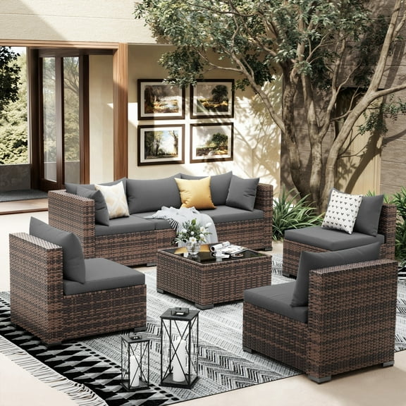 Poteban Patio Furniture Sets, Modular Rattan Outdoor Patio Sectional Furniture Sofa Set, Wicker Patio Conversation Set for Backyard,7PCS