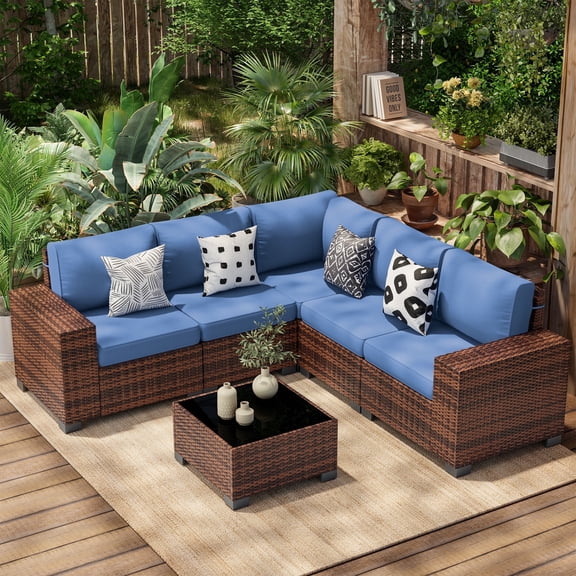 Poteban Patio Furniture Set 6 PCS Outdoor Sectional Conversation Sets Featuring Widen Wicker Armrests and High Back, Black (Waterproof Covers Included)