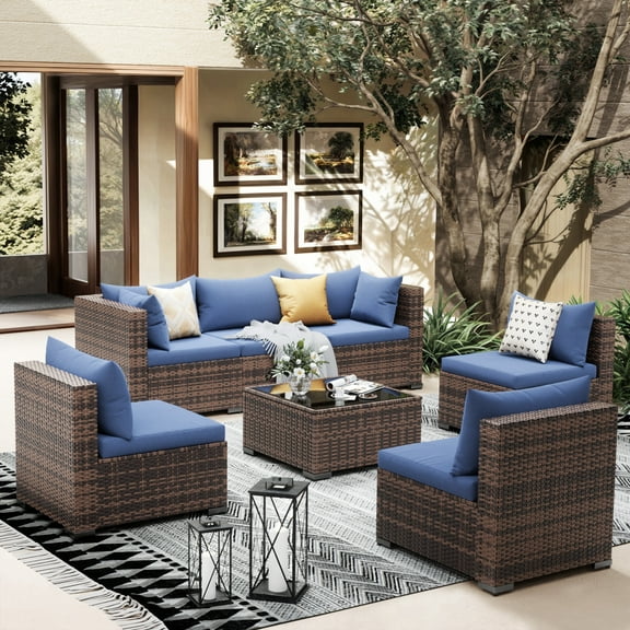 Poteban Patio Furniture Sets, Modular Rattan Outdoor Patio Sectional Furniture Sofa Set, Wicker Patio Conversation Set for Backyard,7PCS