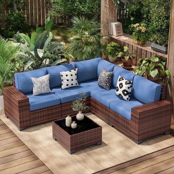 Poteban Patio Furniture Set 6 PCS Outdoor Sectional Conversation Sets Featuring Widen Wicker Armrests and High Back,Brown&Blue