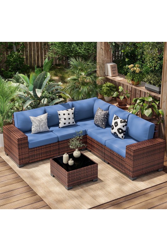 Patio Furniture Set 6 PCS Outdoor Sectional Conversation Sets Featuring Widen Wicker Armrests and High Back,Brown&Blue