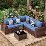 Poteban Patio Furniture Set 6 PCS Outdoor Sectional Conversation Sets Featuring Widen Wicker Armrests and High Back,Brown&Blue