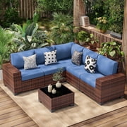 Poteban Patio Furniture Set 6 PCS Outdoor Sectional Conversation Sets Featuring Widen Wicker Armrests and High Back,Brown&Blue