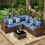 Poteban Patio Furniture Set 6 PCS Outdoor Sectional Conversation Sets Featuring Widen Wicker Armrests and High Back, Black (Waterproof Covers Included)